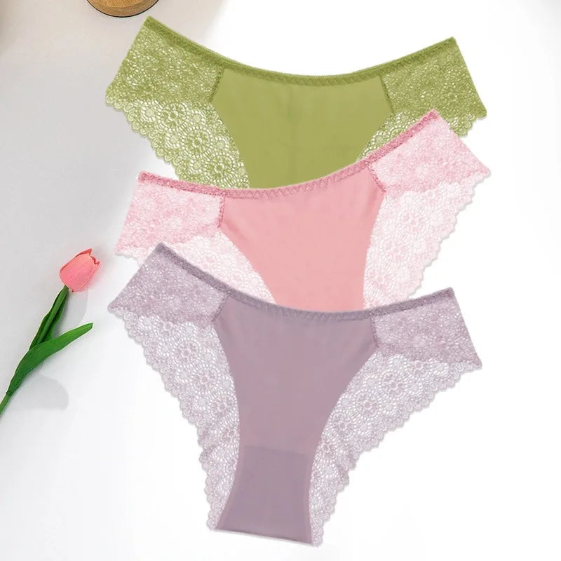 WarmSteps 3Pcs/Set Women's Lace Panties Briefs Solid Ice Silk Lingerie Female Underpanties Underwear for Woman Low Rise Briefs