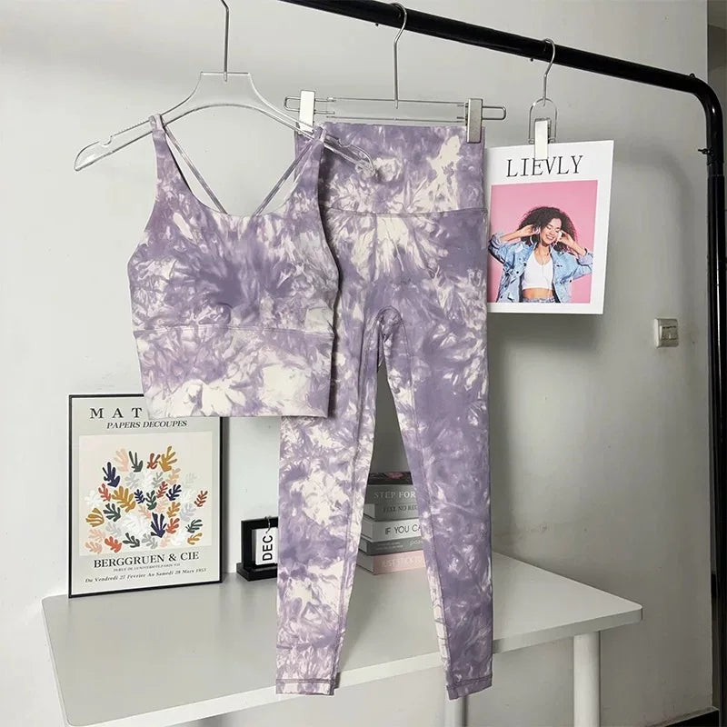 Tie-dye yoga suit set women's cross beauty back shockproof sports bra high-end vest two-piece gym suit