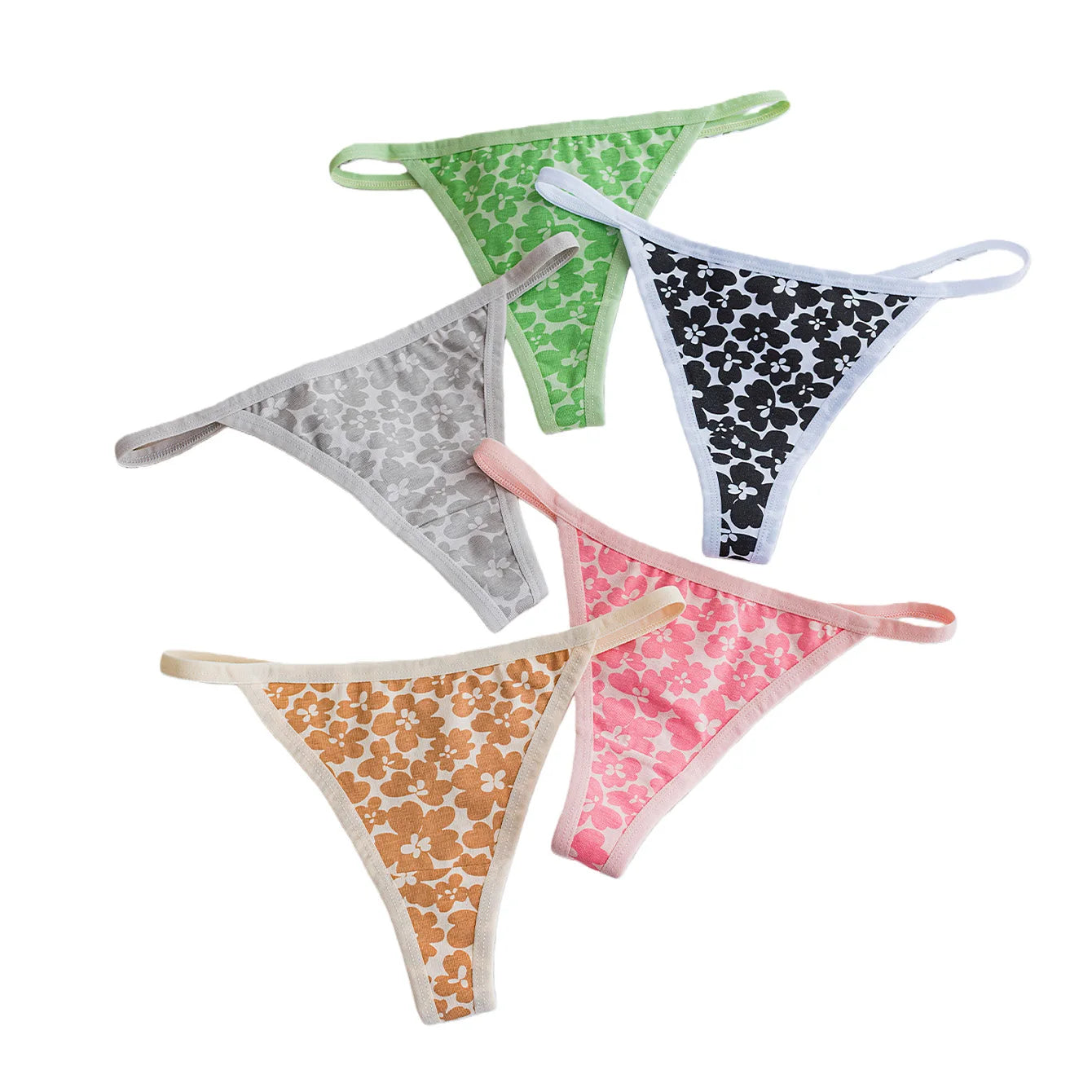 Mixed Color Floral Patchwork Thin Strap Comfortable Women's Thong Cotton Underwear Girls' Briefs 5-Pack