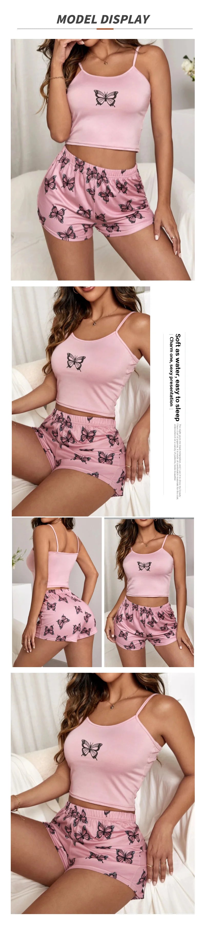 Two Pieces Summer Sexy Pajamas Butterfly Print Cami Pajamas Set Fashion Sexy Home Ladies Underwear Vest Shorts Pijamas