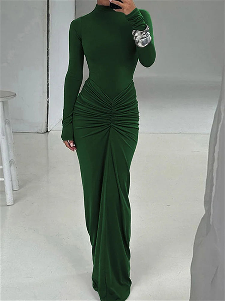 Kliou Shirring Women Classic Maxi Dress Autumn New Solid Long Sleeve High Collar Body-shaping Vestidos Mujer Concise Trend Robe