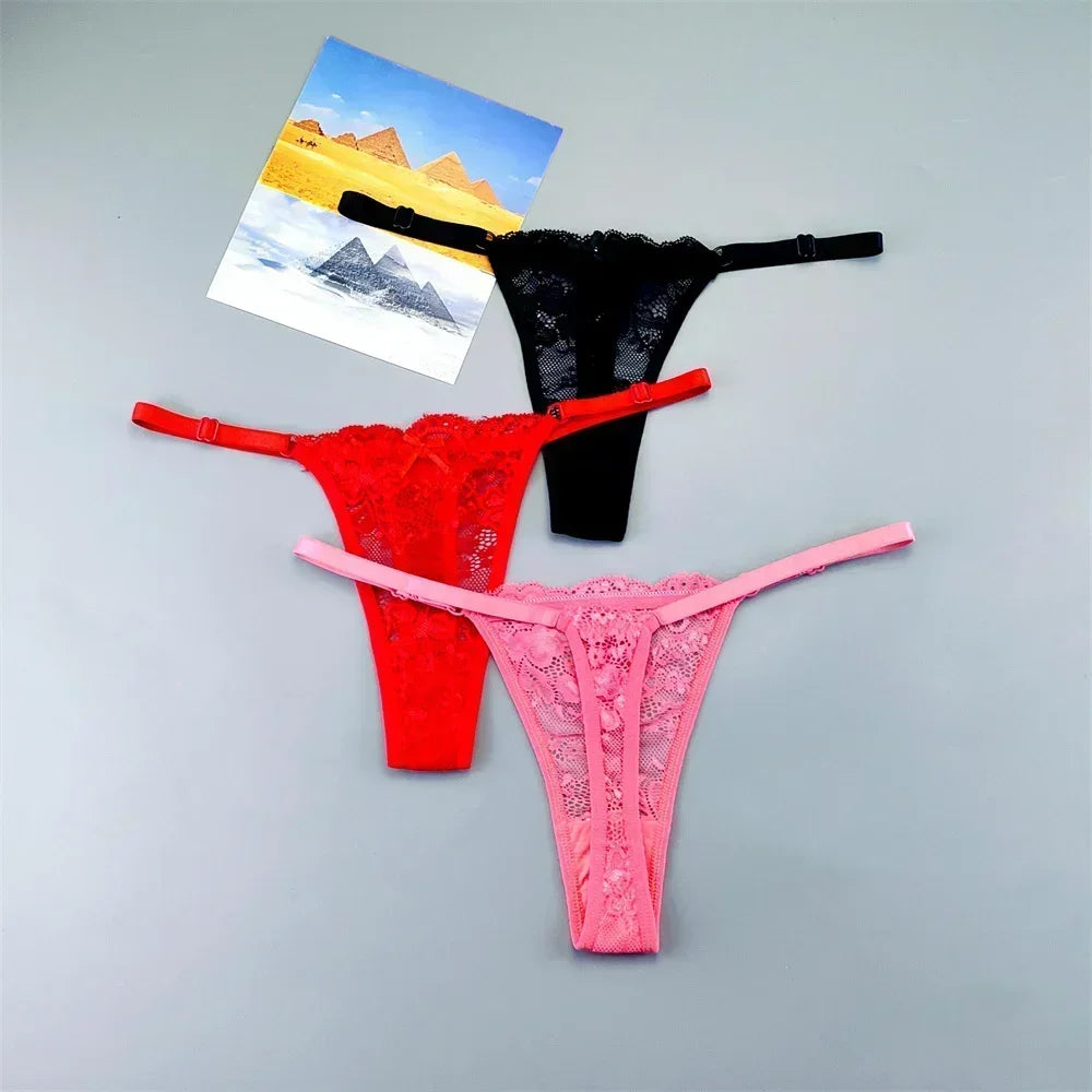 3PCS Adjustable Sexy Transparent Thong Panties Women Lace Underwear Low Waist Female T-back String Underpants