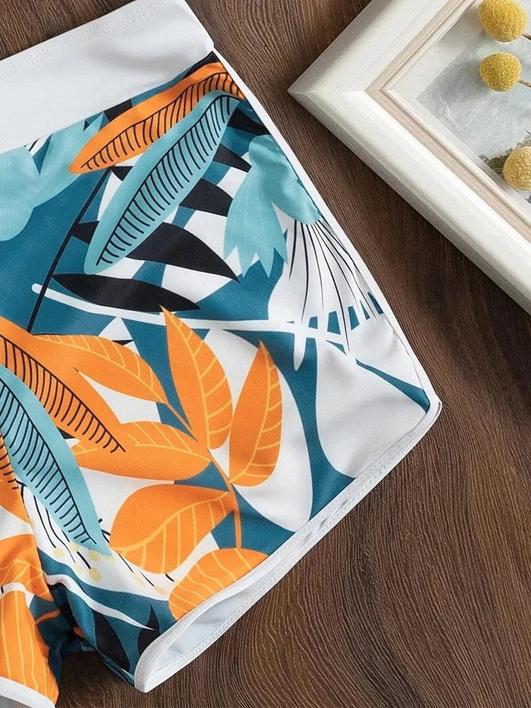 Europe and the United States swimsuit ladies print neck conservative flat Angle high waist split flat Angle bikini high waist