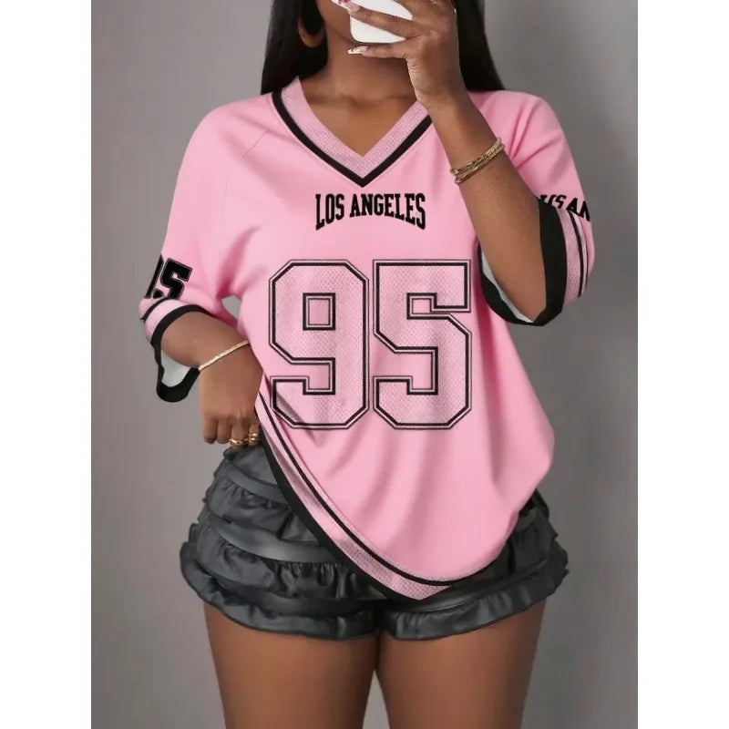 Women's Los Angeles 3D Printed V-neck Short Sleeved Quick Drying T-shirt, Summer Baseball Shirt, Plus Size Men's Sports T-shirt