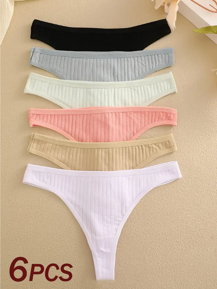 Women Cotton Thongs Panties Female Ribbed Low Rise G-String Ladies Sexy Bikini 7 Solid Color Girl Soft S-XL Intimates 6Pcs
