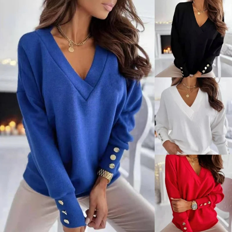Spring Autumn Women Pure Soft Long Sleeve Sweater V-neck Fashion Jumper Office Lady Button Loose Casual Pullover Top Sweaters