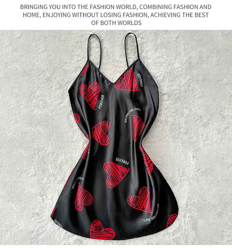 Red Lip Print Satin Slip Nightdress V Neck Backless Mini Sleep Dress Women's Sleepwear Dresses