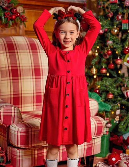 Girl'S Dresses Button down Midi Long Sleeve Casual Sundress A-Line Dress with Pockets