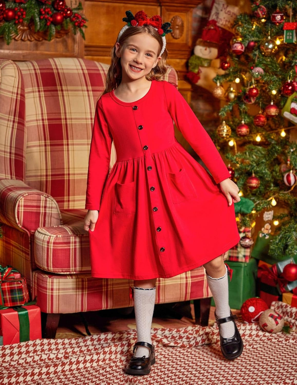 Girl'S Dresses Button down Midi Long Sleeve Casual Sundress A-Line Dress with Pockets