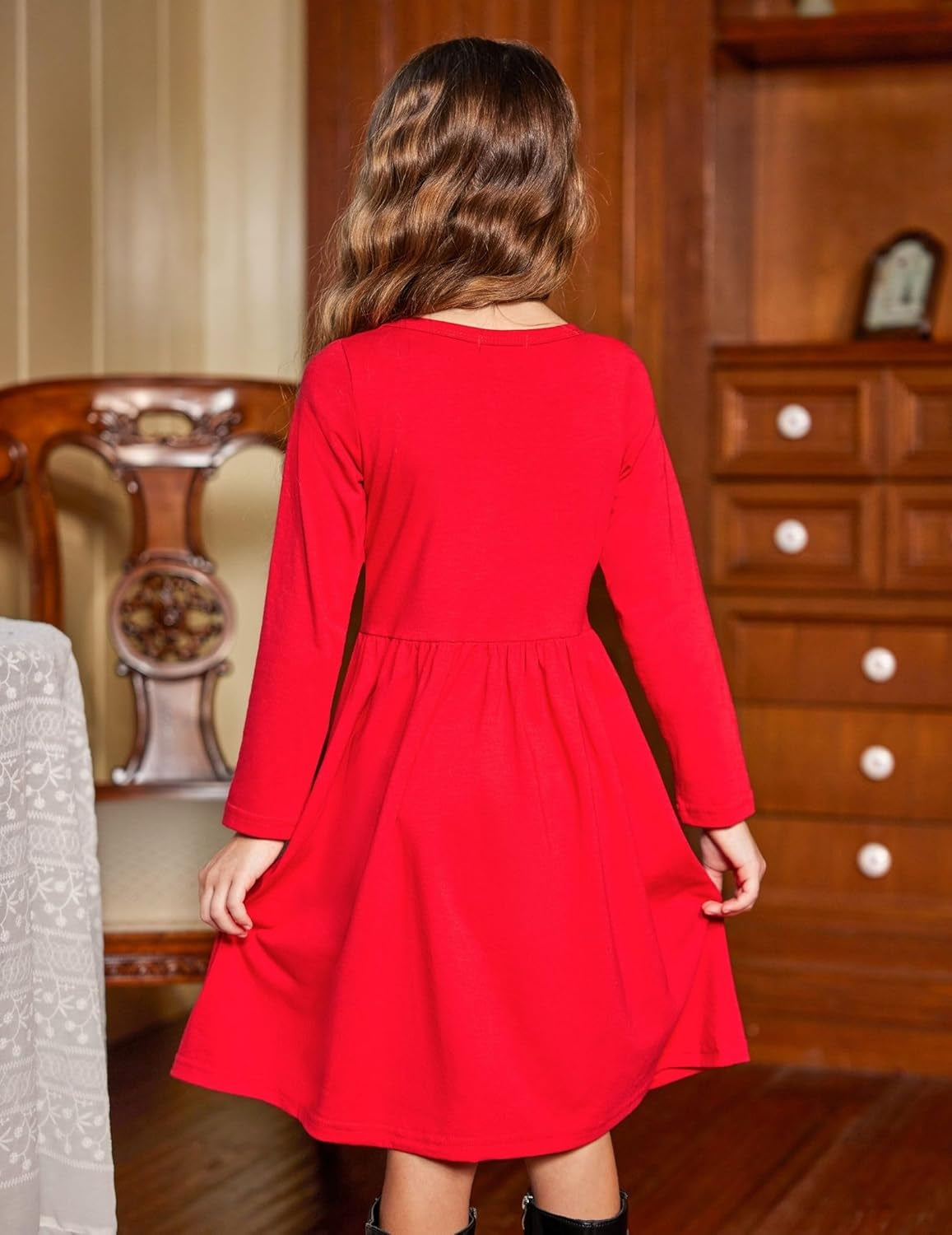 Girl'S Dresses Button down Midi Long Sleeve Casual Sundress A-Line Dress with Pockets