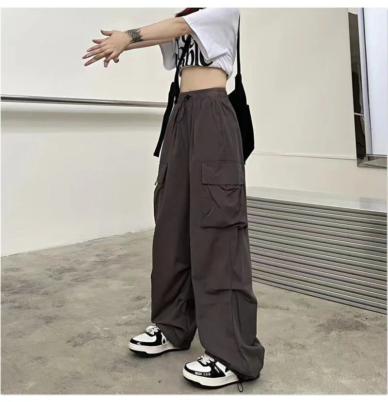 Women Casual Joggers Tech Pants Solid Low Waist Pants Drawstring Wide Leg Baggy Trousers Y2k Streetwear Oversize Sweatpants