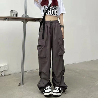 Women Casual Joggers Tech Pants Solid Low Waist Pants Drawstring Wide Leg Baggy Trousers Y2k Streetwear Oversize Sweatpants