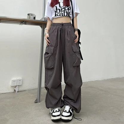 Women Casual Joggers Tech Pants Solid Low Waist Pants Drawstring Wide Leg Baggy Trousers Y2k Streetwear Oversize Sweatpants