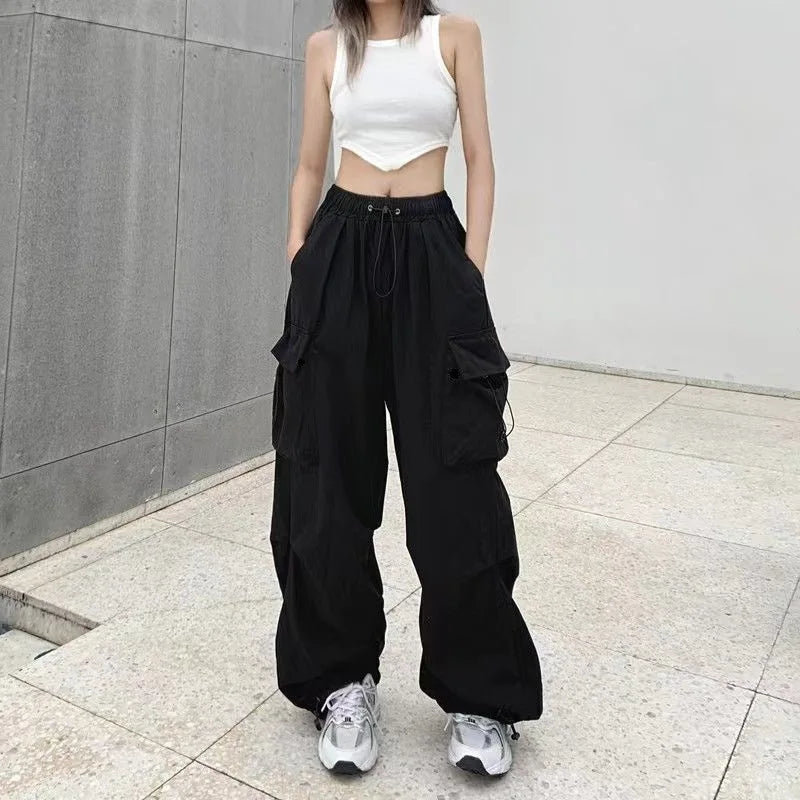 Women Casual Joggers Tech Pants Solid Low Waist Pants Drawstring Wide Leg Baggy Trousers Y2k Streetwear Oversize Sweatpants