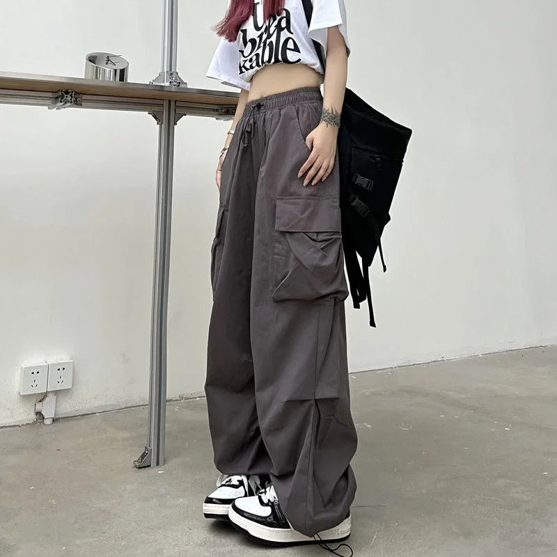 Women Casual Joggers Tech Pants Solid Low Waist Pants Drawstring Wide Leg Baggy Trousers Y2k Streetwear Oversize Sweatpants