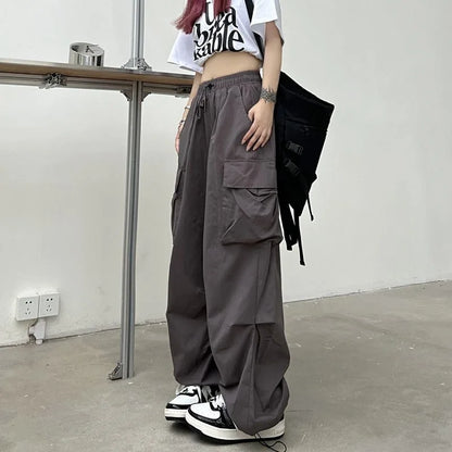 Women Casual Joggers Tech Pants Solid Low Waist Pants Drawstring Wide Leg Baggy Trousers Y2k Streetwear Oversize Sweatpants