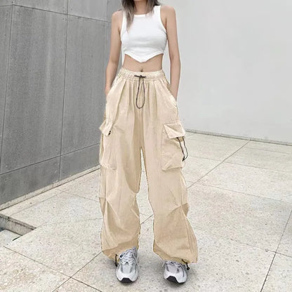 Women Casual Joggers Tech Pants Solid Low Waist Pants Drawstring Wide Leg Baggy Trousers Y2k Streetwear Oversize Sweatpants