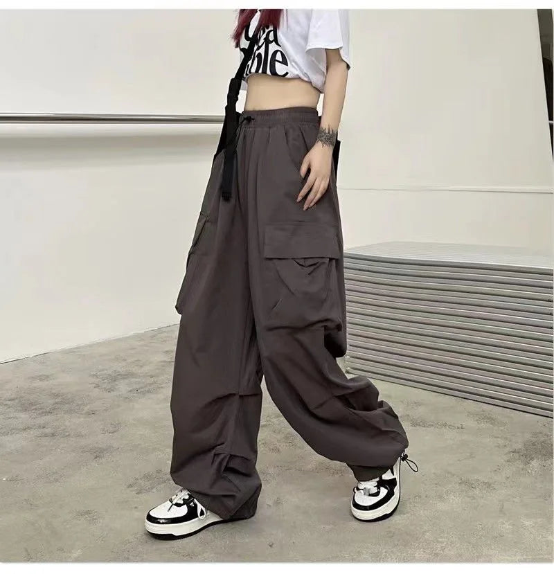 Women Casual Joggers Tech Pants Solid Low Waist Pants Drawstring Wide Leg Baggy Trousers Y2k Streetwear Oversize Sweatpants