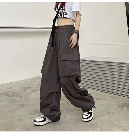 Women Casual Joggers Tech Pants Solid Low Waist Pants Drawstring Wide Leg Baggy Trousers Y2k Streetwear Oversize Sweatpants