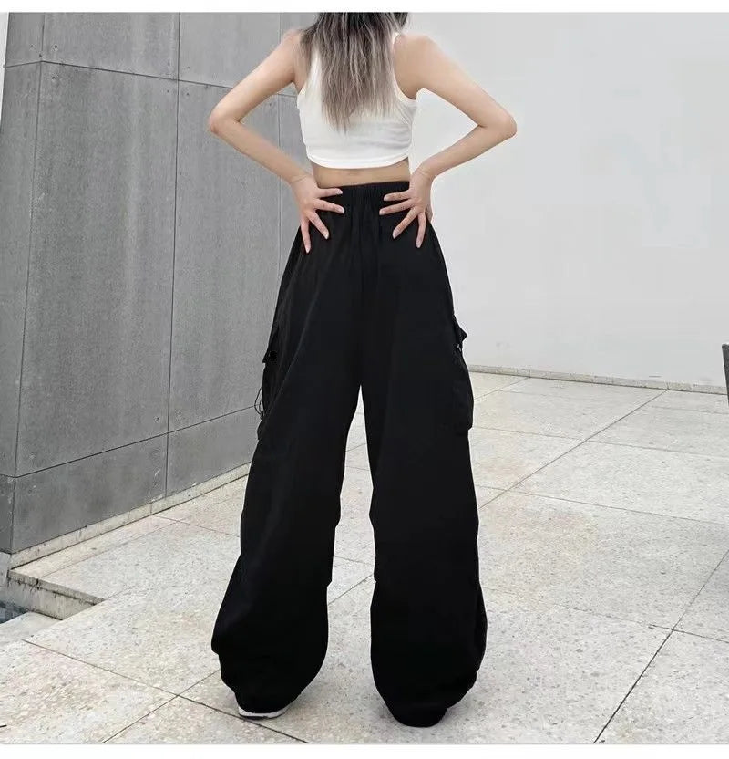 Women Casual Joggers Tech Pants Solid Low Waist Pants Drawstring Wide Leg Baggy Trousers Y2k Streetwear Oversize Sweatpants
