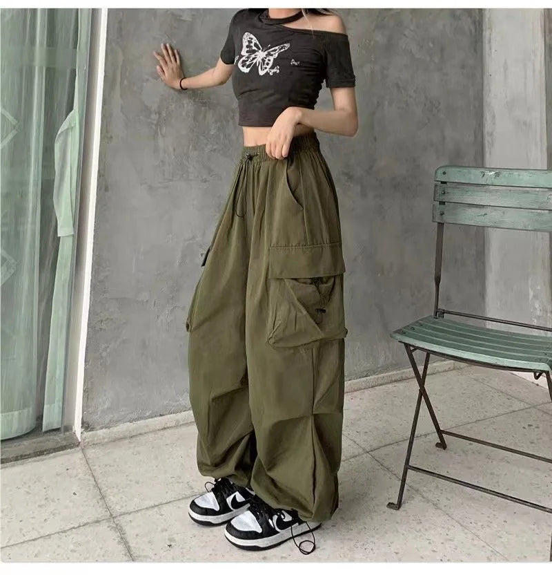 Women Casual Joggers Tech Pants Solid Low Waist Pants Drawstring Wide Leg Baggy Trousers Y2k Streetwear Oversize Sweatpants