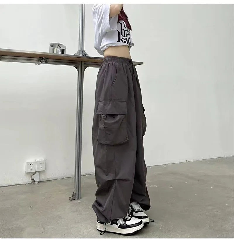 Women Casual Joggers Tech Pants Solid Low Waist Pants Drawstring Wide Leg Baggy Trousers Y2k Streetwear Oversize Sweatpants