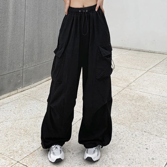 Women Casual Joggers Tech Pants Solid Low Waist Pants Drawstring Wide Leg Baggy Trousers Y2k Streetwear Oversize Sweatpants