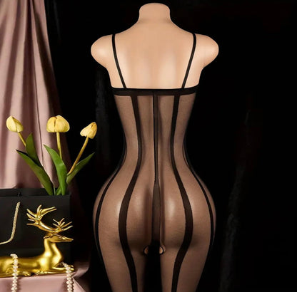 Lingerie Sets Sexy High Elastic Semi-Sheer Vertical Stripe Bodysuit Women Camisole Body Stocking Skinny Fitted Silk Stockings