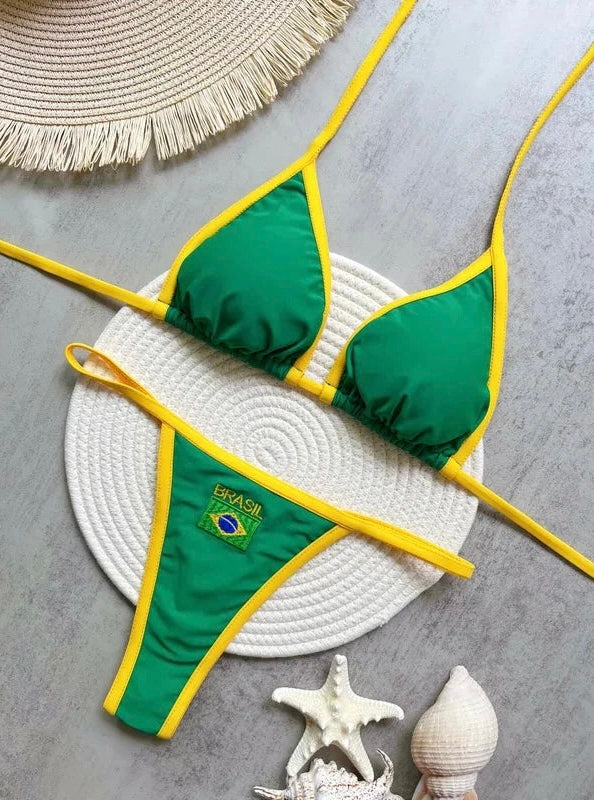 Embroidery Brasil Flag Contrast Split Bikini Set Women Swimwear Patchwork Swimsuit Hottie Outfit SummerBeachwear