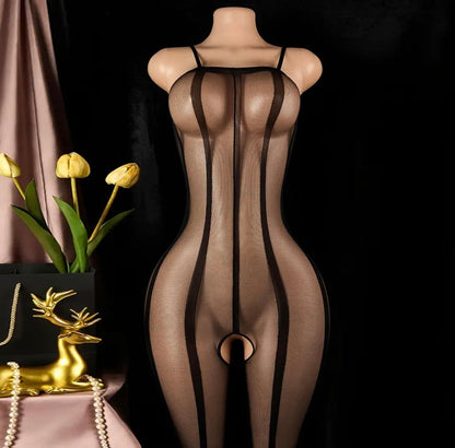 Lingerie Sets Sexy High Elastic Semi-Sheer Vertical Stripe Bodysuit Women Camisole Body Stocking Skinny Fitted Silk Stockings