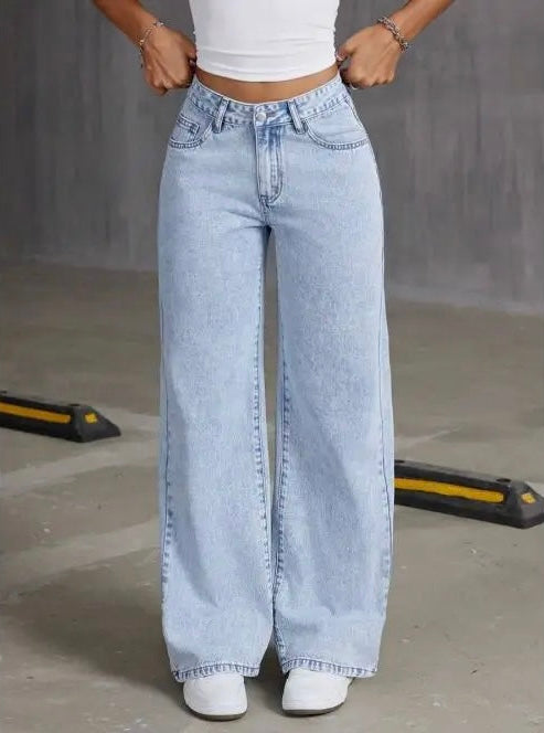 American Women's Blue Washed High-Waisted Straight-Leg Jeans Loose Fashion Front & Back Pockets Jeans Suitable Daily Casual Wear