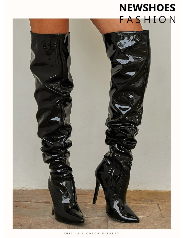 Red Women Over The Knee Boots High Heels Patent Leather Solid Pointed Toe Stiletto Side Zipper Sapatos Femininos