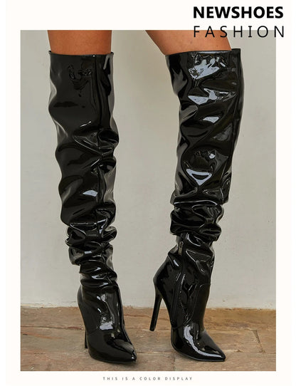 Red Women Over The Knee Boots High Heels Patent Leather Solid Pointed Toe Stiletto Side Zipper Sapatos Femininos