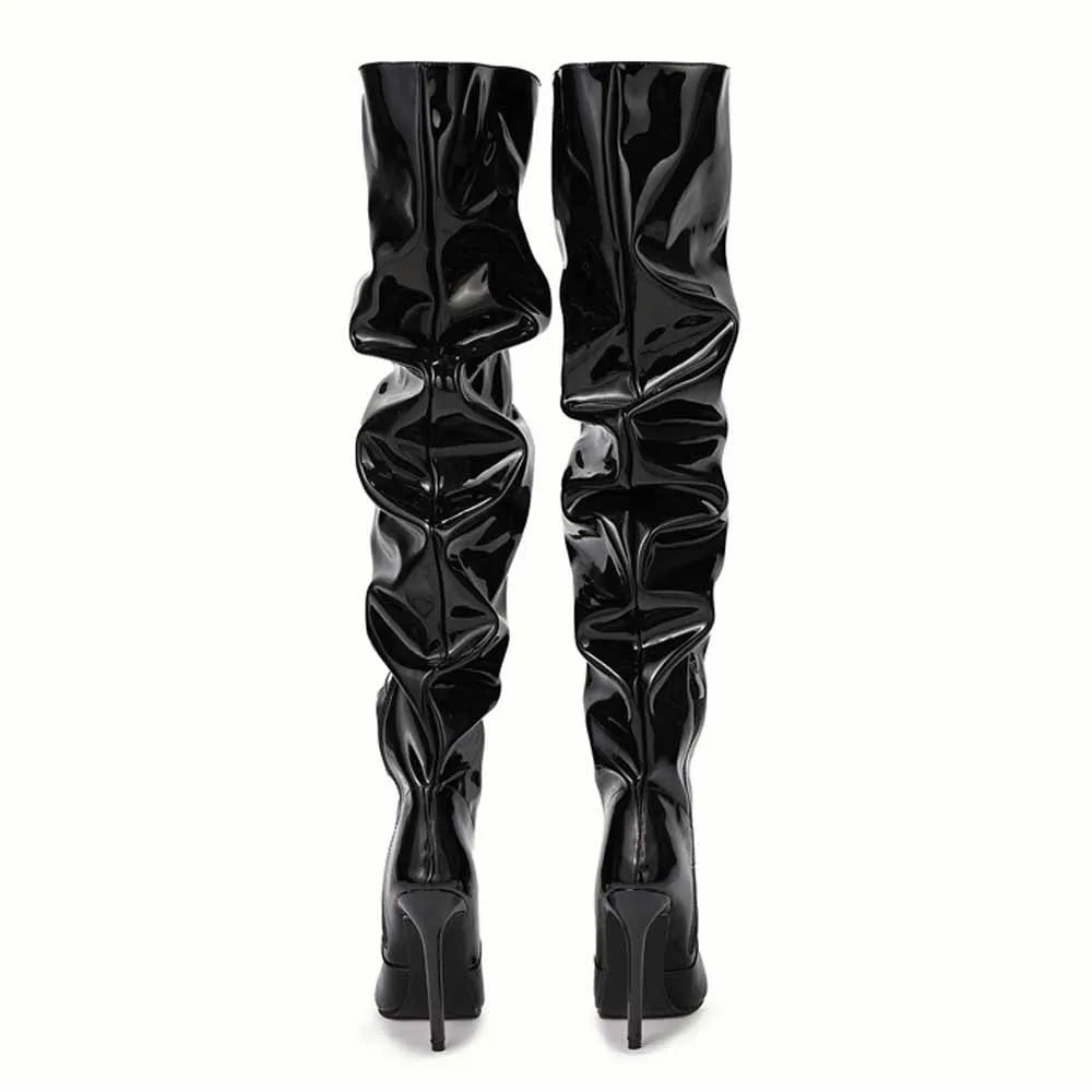 Red Women Over The Knee Boots High Heels Patent Leather Solid Pointed Toe Stiletto Side Zipper Sapatos Femininos