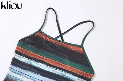 Kliou Panelled Striped Mini Dresses Aesthetic Women Sexy Skinny Slash Neck Camisole Backless Vintage Midnight Clubwear Outfits