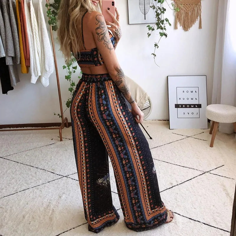 Sexy Two Piece Set Women Outfit 2025 Summer Butterfly Print V-Neck Cropped Top High Waist Drawstring Casual Wide Leg Pants Sets