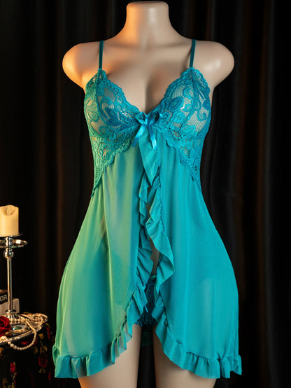 Two Pieces Exotic Baby Doll Lingerie Set for Women, Hot Lace Semi-sheer Front Open Slip Dress, Hot Brief, Perfect for Boudoir Sh