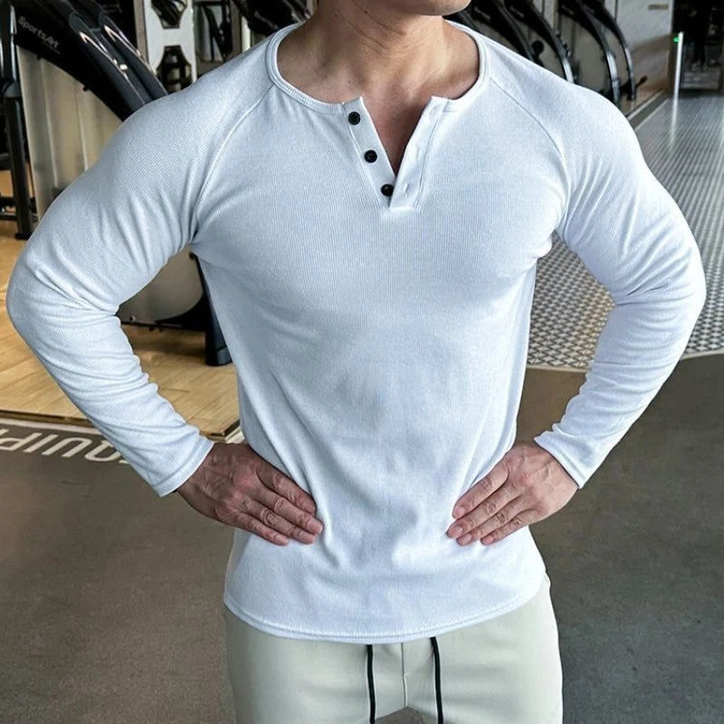 Men Sports High-Elastic Fitness Long Sleeve T-Shirt Autumn New Slim Fit Henley Collar Tshirt Men Streetwear Casual T-Shirt