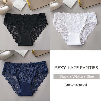 Luxury Floral Embroidery Lace Panties Women Briefs Sexy Hollow 3PCS Lingerie Female Underwear Ladies Breathable Underpants