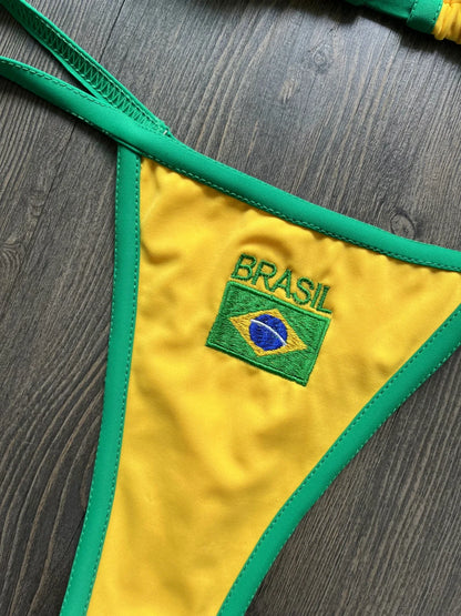Embroidery Brasil Flag Contrast Split Bikini Set Women Swimwear Patchwork Swimsuit Hottie Outfit SummerBeachwear