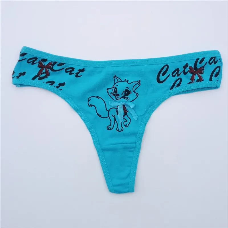 Sexy Thong 5 Pcs for Women Girls Cotton G-Strings Ladies Panties,Cute Cat Print Thongs