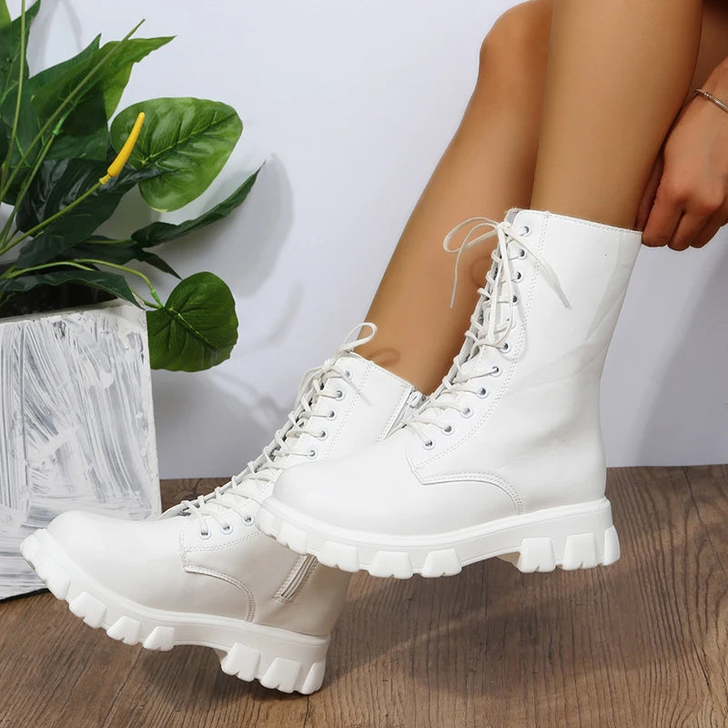 Autumn Winter PU Leather White Ankle Boots Motorcycle Botines Female Chunky Heels Platform Boots Botas Mujer