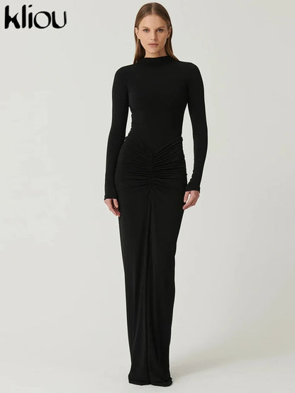 Kliou Shirring Women Classic Maxi Dress Autumn New Solid Long Sleeve High Collar Body-shaping Vestidos Mujer Concise Trend Robe