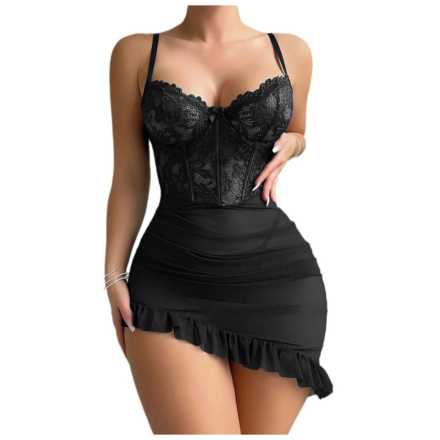 Sexy Lingerie For Women Mesh Babedoll Dress With Underwire Push Up Bra Lace Chemise Maternity Lingerie Ruffle Hem Sleepwear