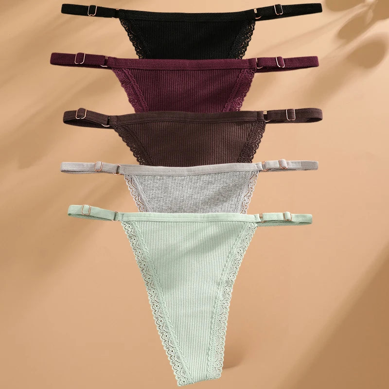 5PCS/Set Cotton Panties Sexy G-String Women's Underwear T-Back Lingerie Femme Underpants Briefs Adjustable Waist Thong Intimates