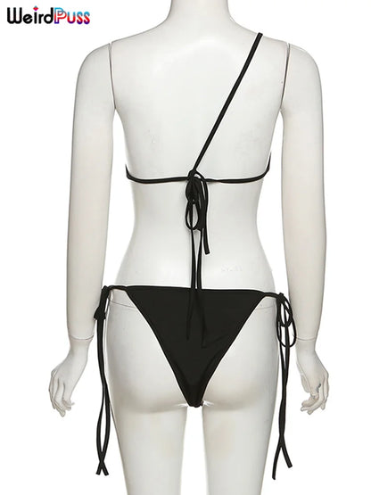 Weird Puss Beach Style Women Bikini 2 Piece Set Sexy Mesh Patchwork One Shoulder Bra Top+Bandage Briefs Vacation Trend Clubwear
