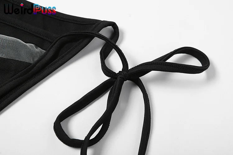 Weird Puss Beach Style Women Bikini 2 Piece Set Sexy Mesh Patchwork One Shoulder Bra Top+Bandage Briefs Vacation Trend Clubwear