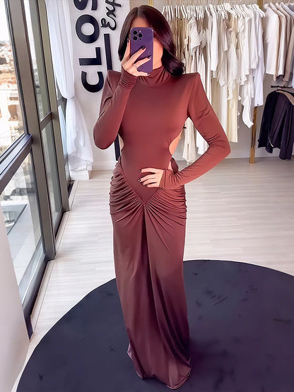 Sisterlinda Shirring Sheath Maxi Dresses High Street Classic Full Sleeve Straight Shoulder Backless Vestidos Mujer Evening Wear