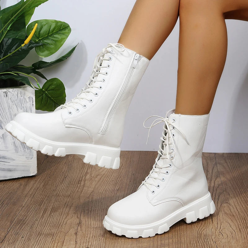 Autumn Winter PU Leather White Ankle Boots Motorcycle Botines Female Chunky Heels Platform Boots Botas Mujer