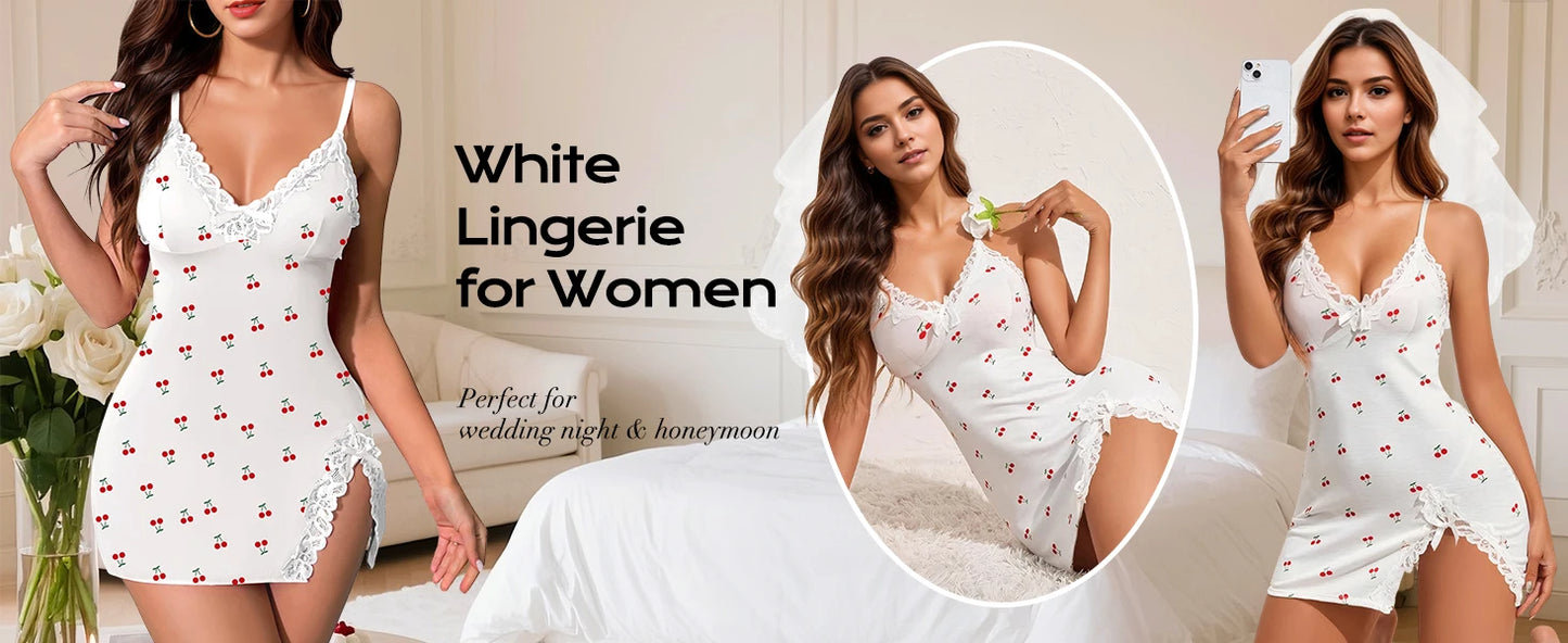 Sexy Night Gowns Lace Trim Sleep Dress V Neck Babydoll Chemise Dress Side Split Nighty